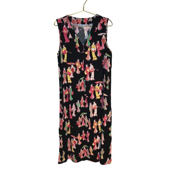 N Natori Sleeveless Nightgown L Asian Print Black Pink - Picture 1 of 7